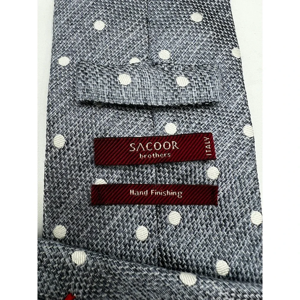 Sacoor Brothers Italy Silk Tie Gray White Polka Dot Hand Finished Luxury Necktie